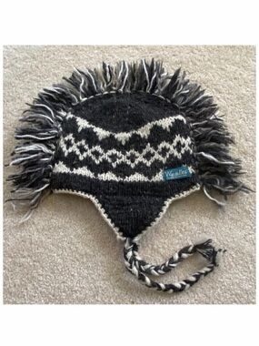 Woolies Wool Hat Cap Ear Flap L Grey Beanie Polar Fleece Lined Nepal Aztec Ikat